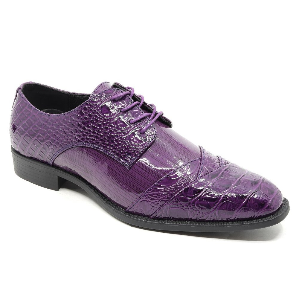 Purple Men's Formal Alligator Print Folded Cap Toe Oxford Lace up Dress Shoes